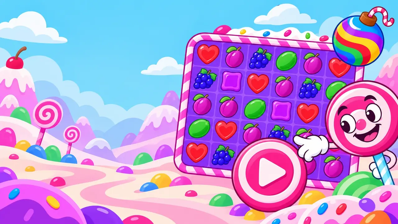 Sweet Bonanza slot — giocare online: griglia 6x5 di frutta e caramelle con pulsante di gioco e mascotte lecca-lecca